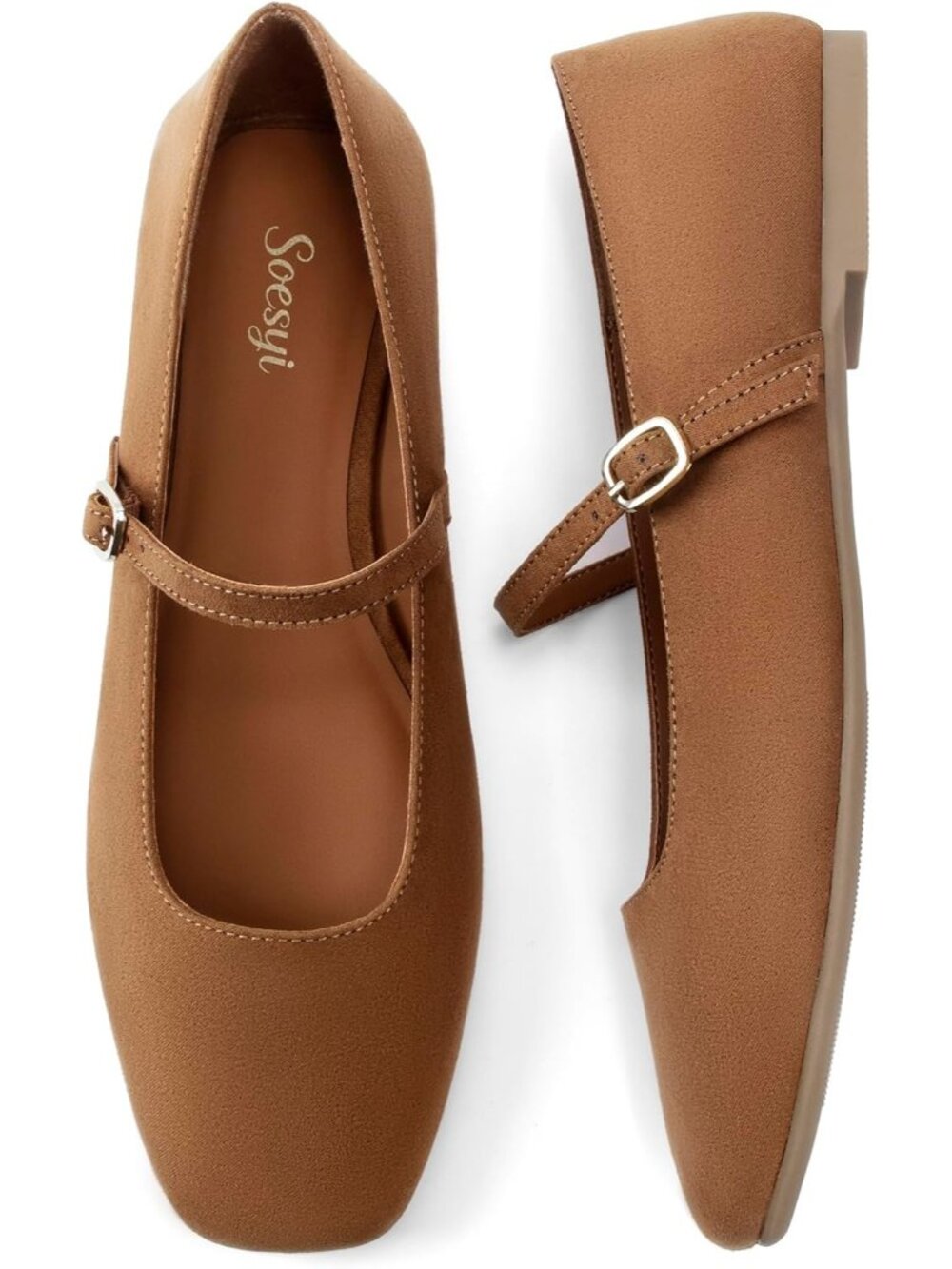 🆕Women's Caramel Square Toe Mary Jane Flats Patent Leather Buckle Dress Shoes
